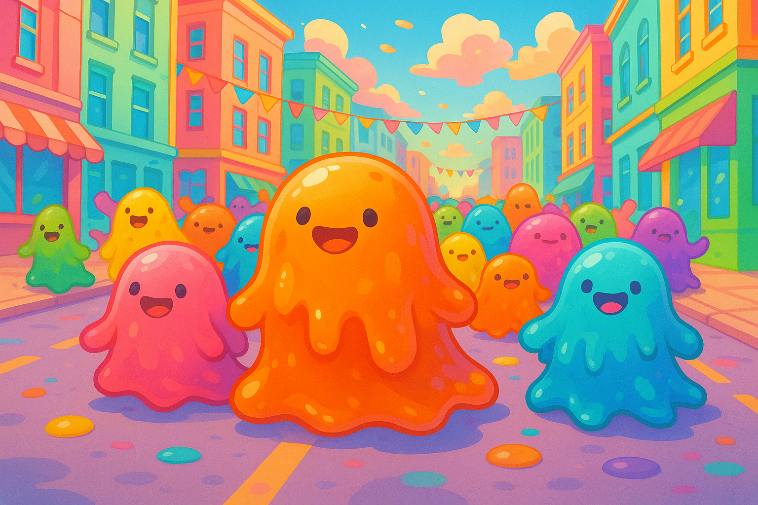 A colorful parade of cute blob creatures marching through a candy-colored city