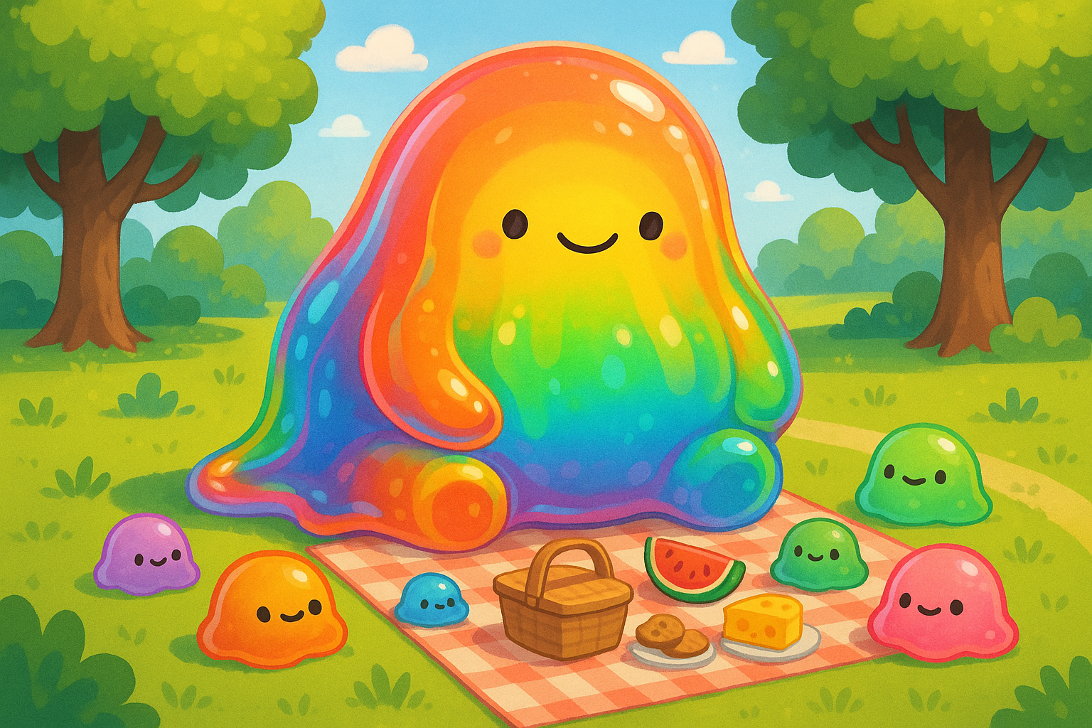 A giant friendly blob creature in a park surrounded by tiny blob friends